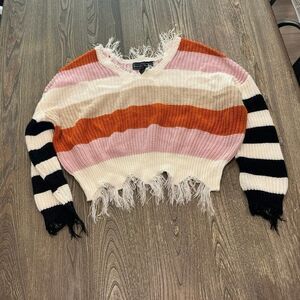 Polly & Esther Striped Cropped Sweater Distressed Knit V-Neck Multicolor Size M